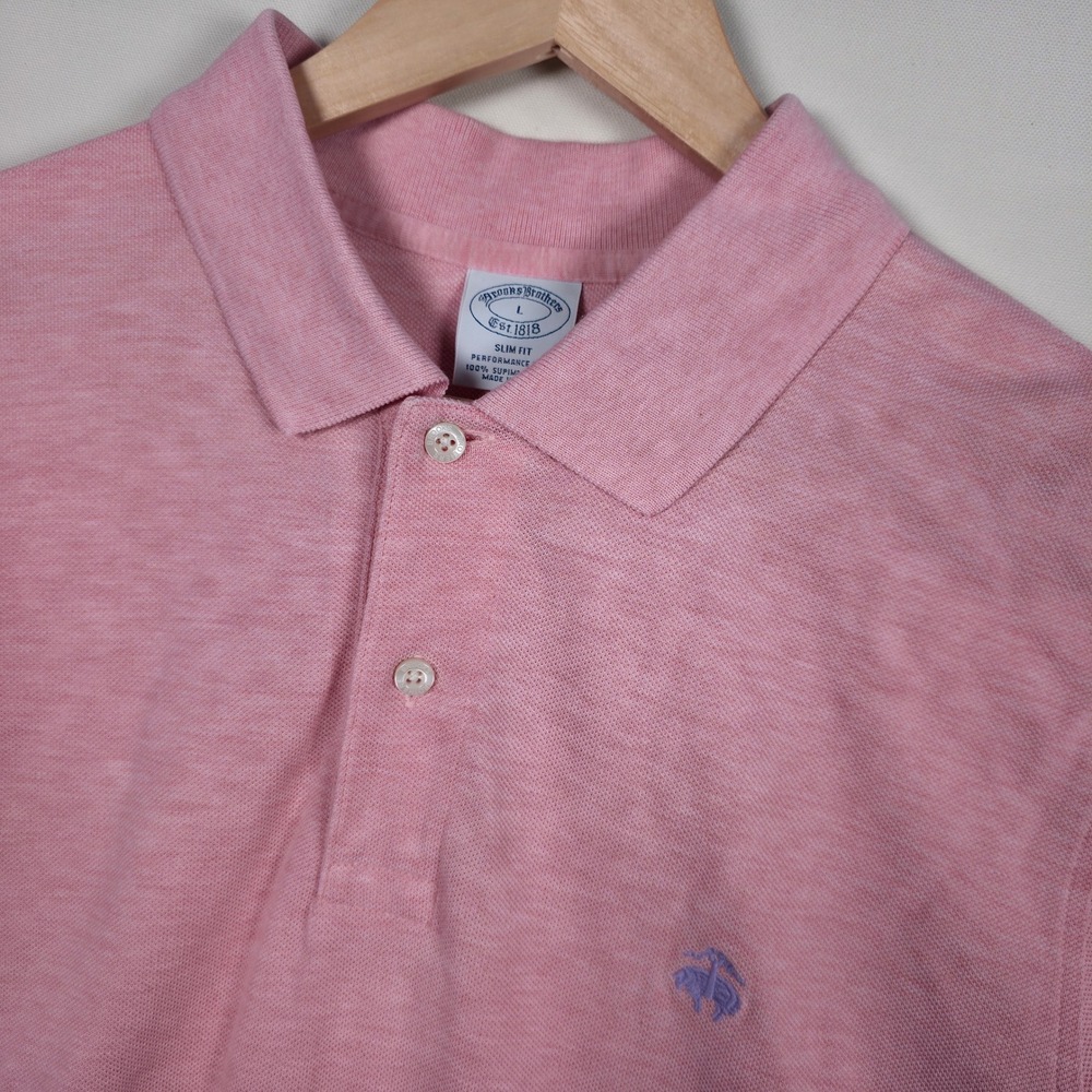 Brooks Brothers Performance Polo Men L Pink Slim Fit Supima‎ Cotton Logo